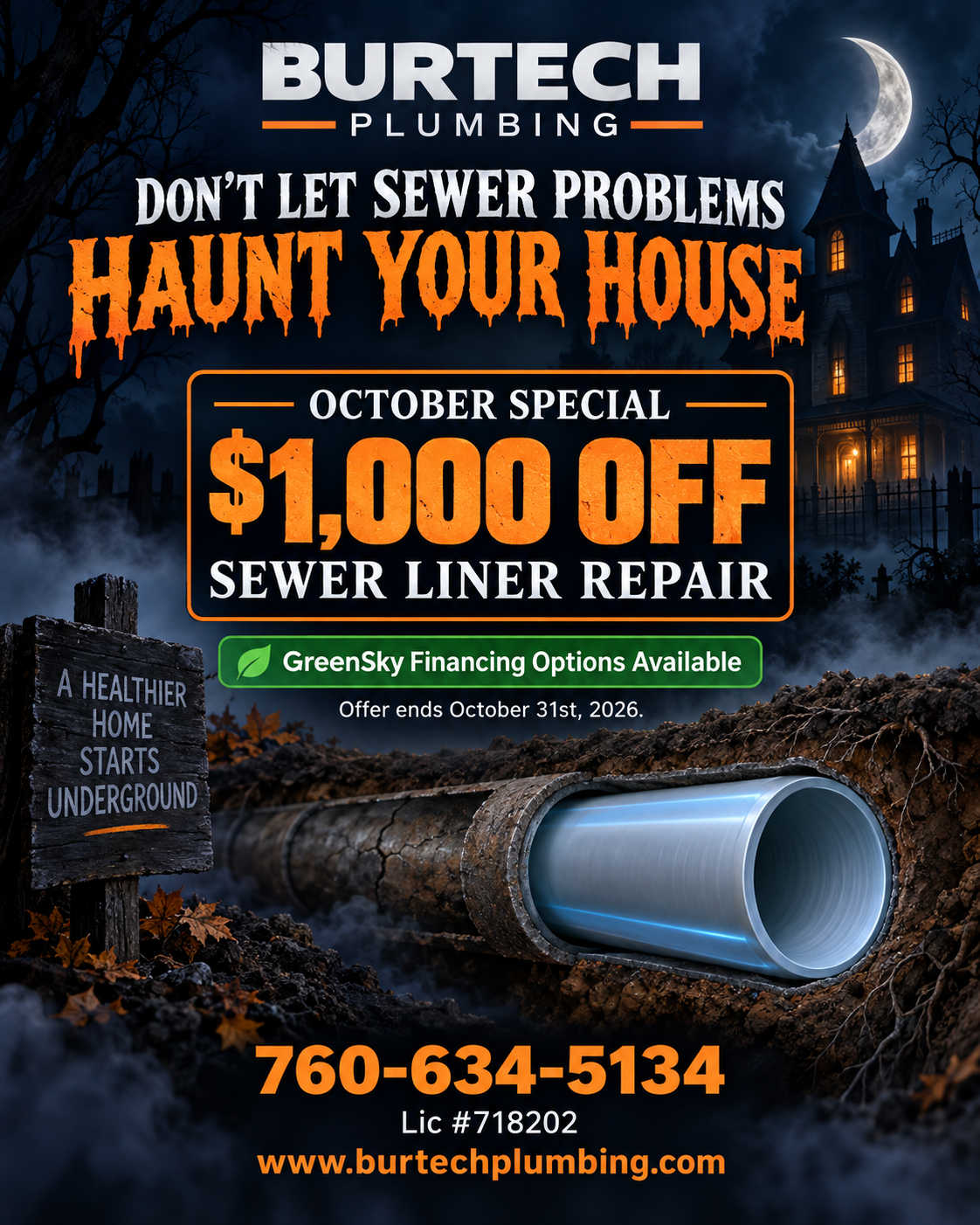 October special — $1,000 off sewer liner repair, offer ends October 31st, 2026